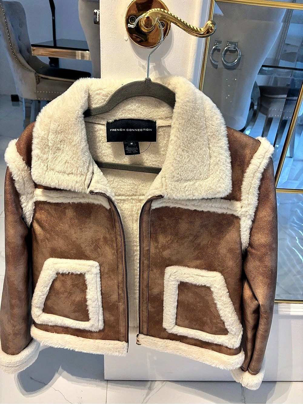 French Connection Camry Brown Faux Suede Faux Shearling Aviator Jacket Shearling